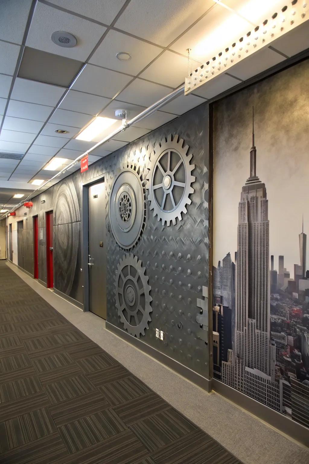 Achieve an edgy look with industrial-themed murals.