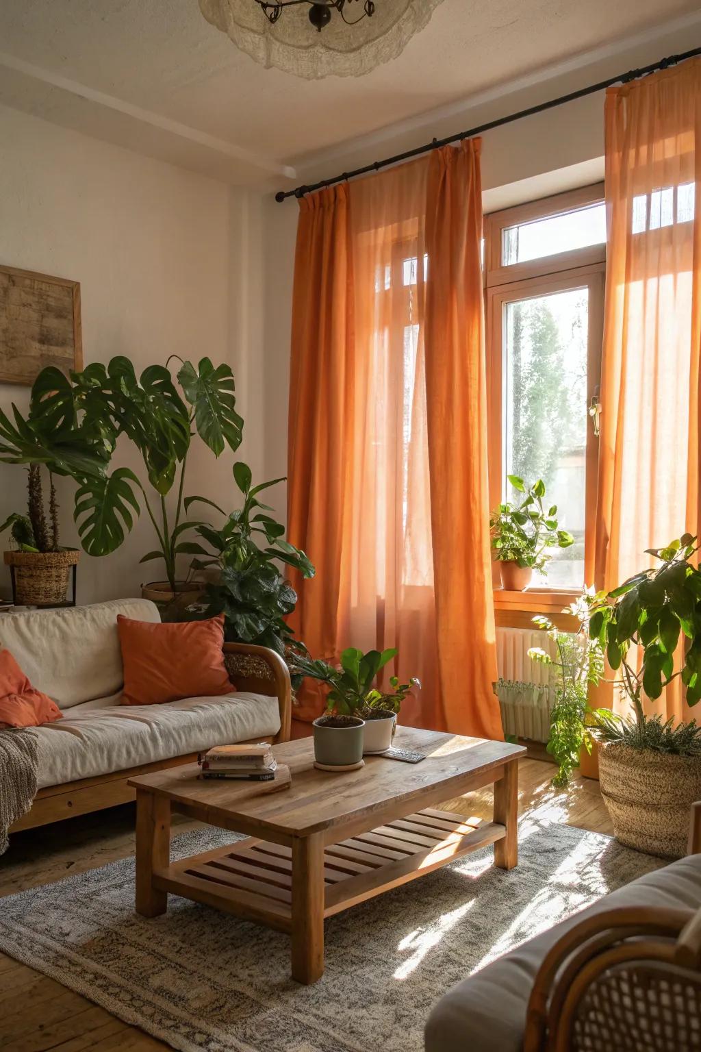 Natural elements complementing the warmth of orange curtains.