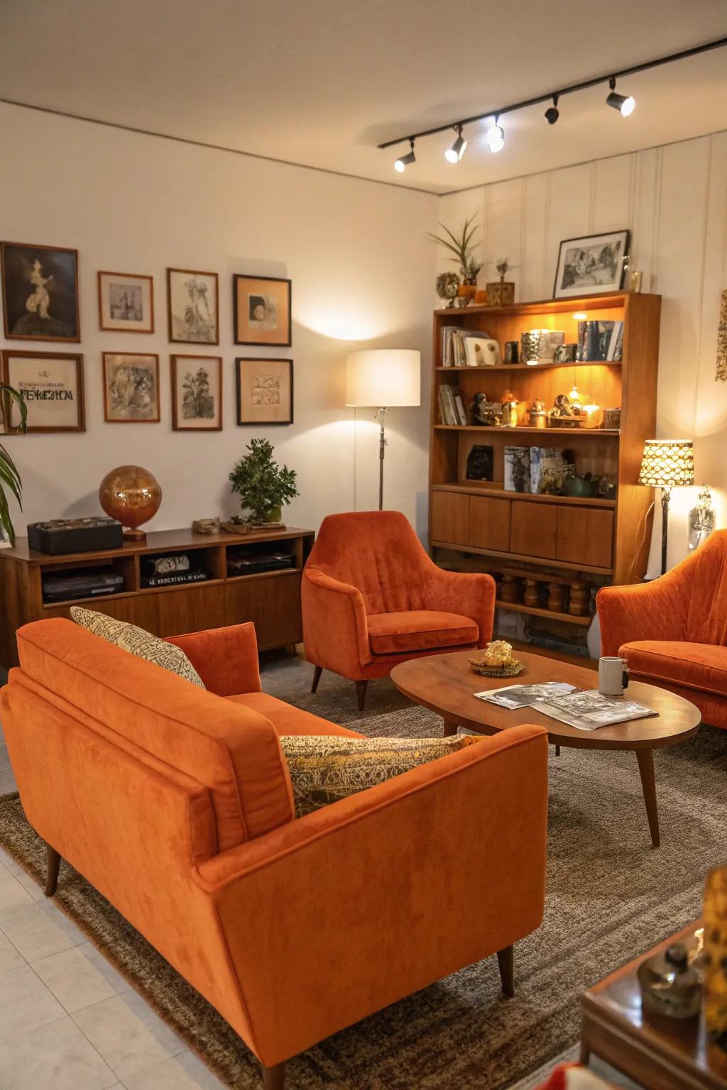 A unique living room with vintage orange furniture pieces adding character.