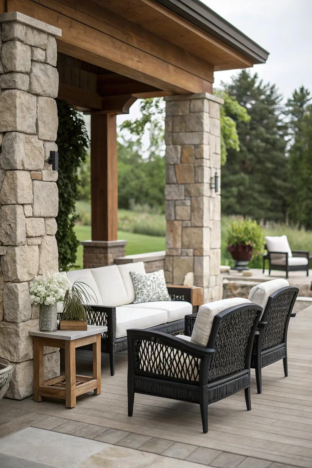 Natural textures enhance the beauty of this black and white patio.