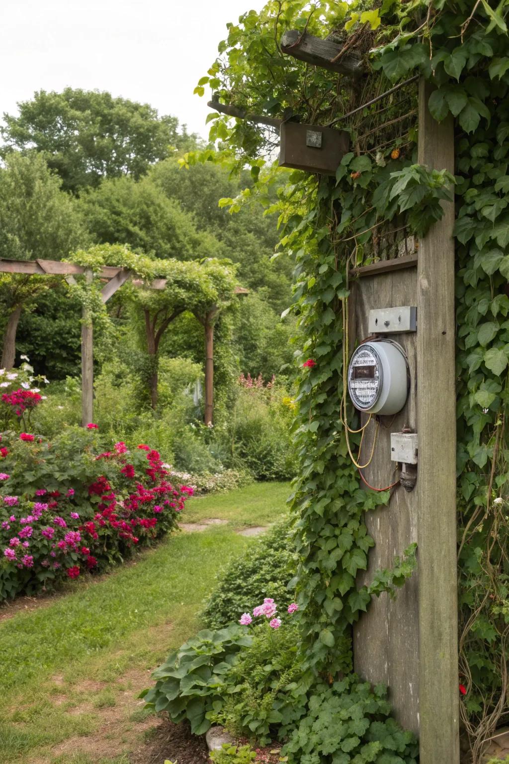 Climbing plants on a trellis add a natural and dynamic cover.