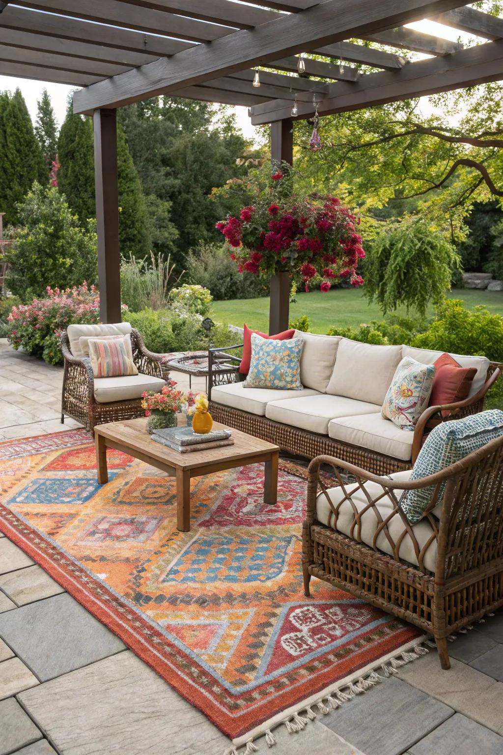 Outdoor rugs add comfort and style to patio spaces.