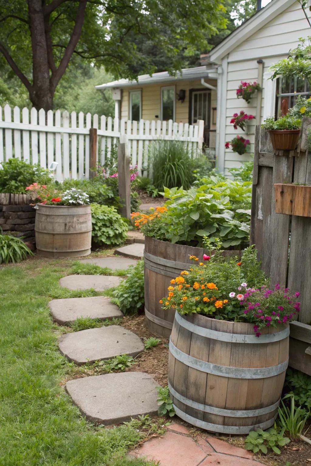 Repurposed containers adding charm and quirkiness to the garden.