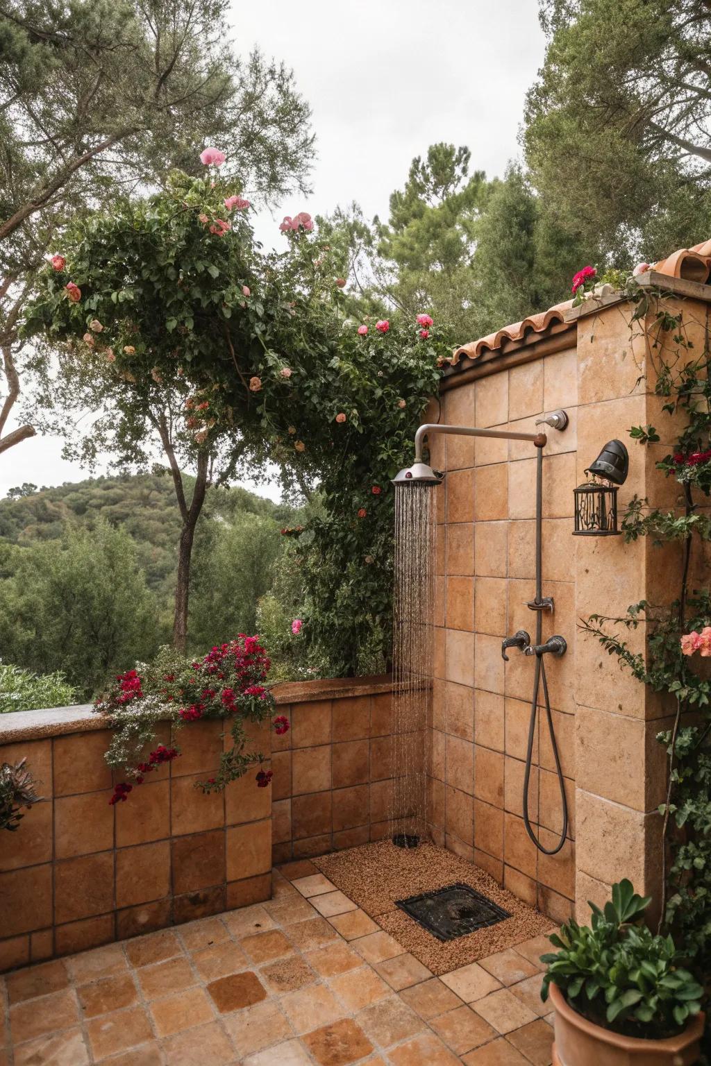 A Mediterranean-inspired outdoor shower with terracotta tiles.