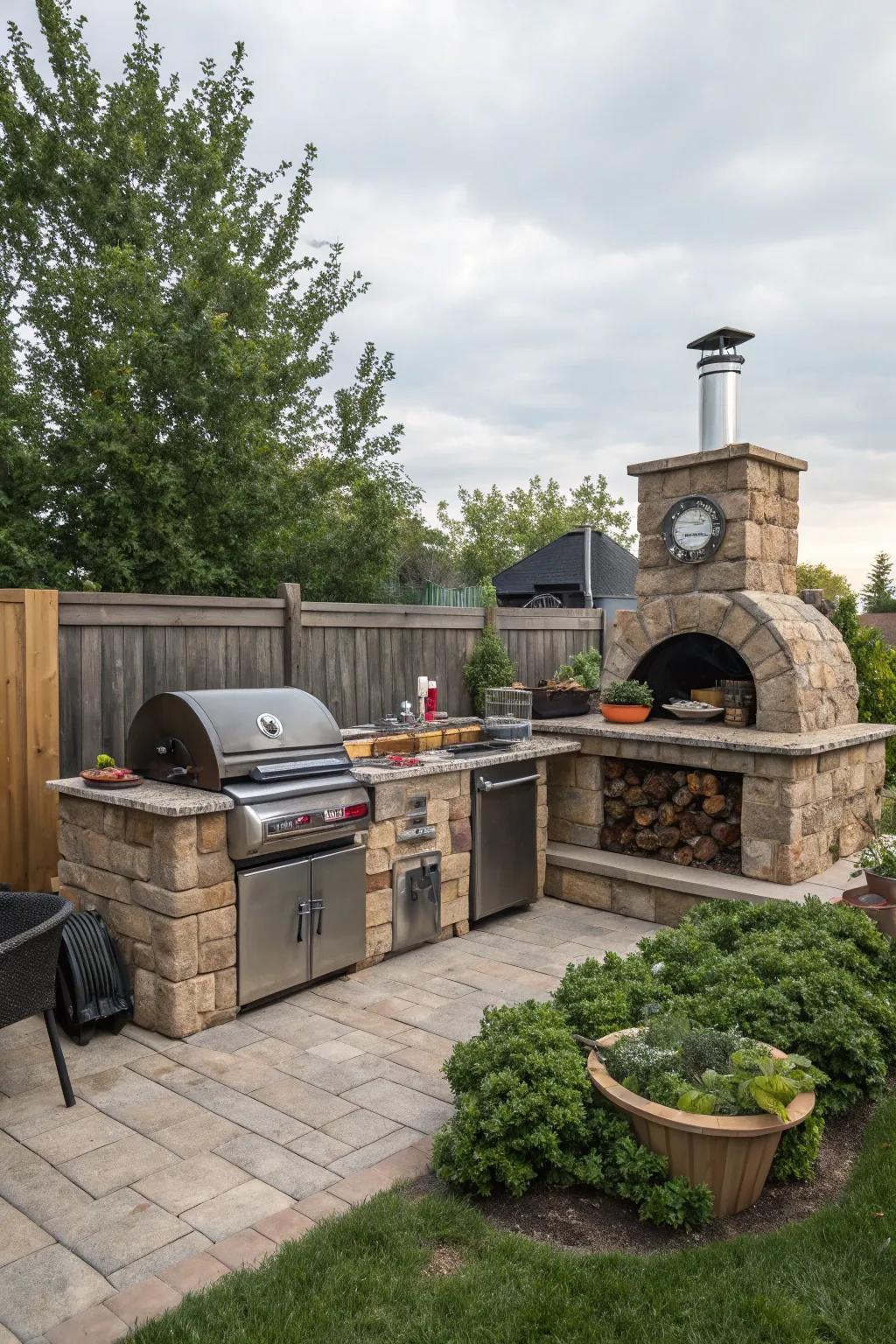 A multifunctional BBQ setup offers diverse cooking options.