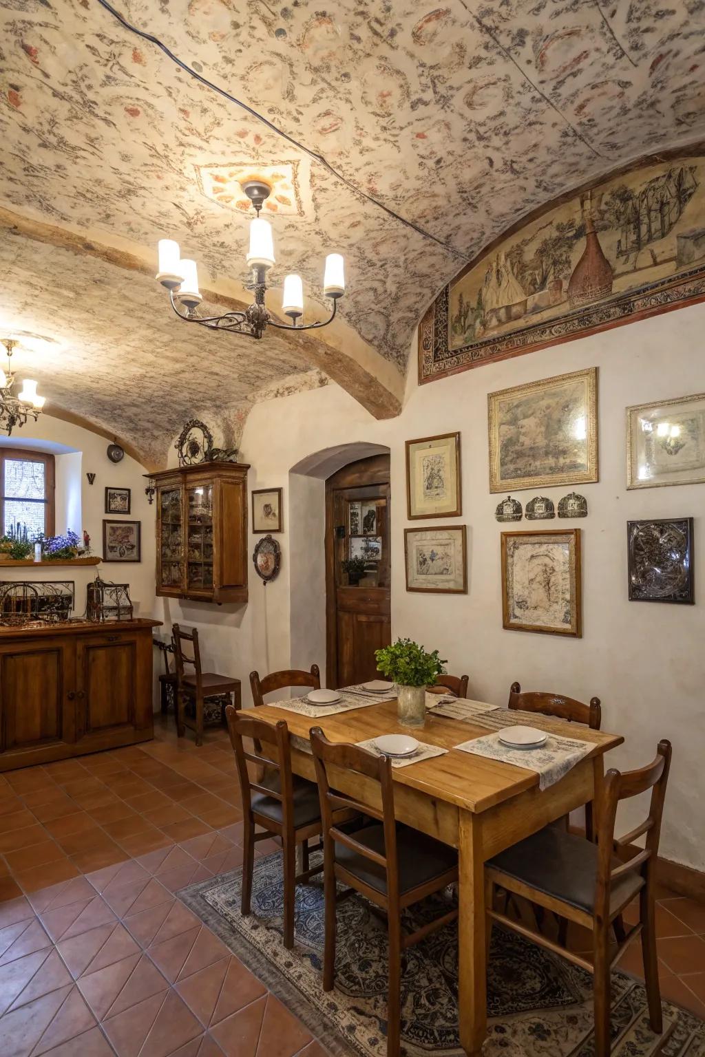 Textured ceilings add depth and character to dining spaces.