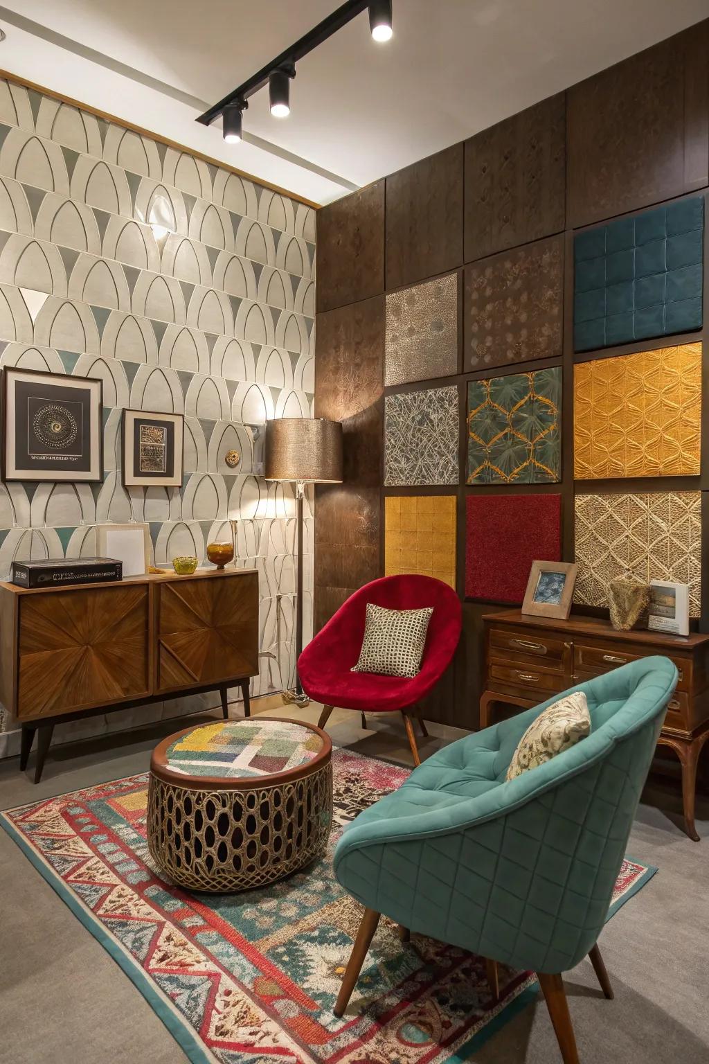 Room with eclectic asymmetric panel designs.