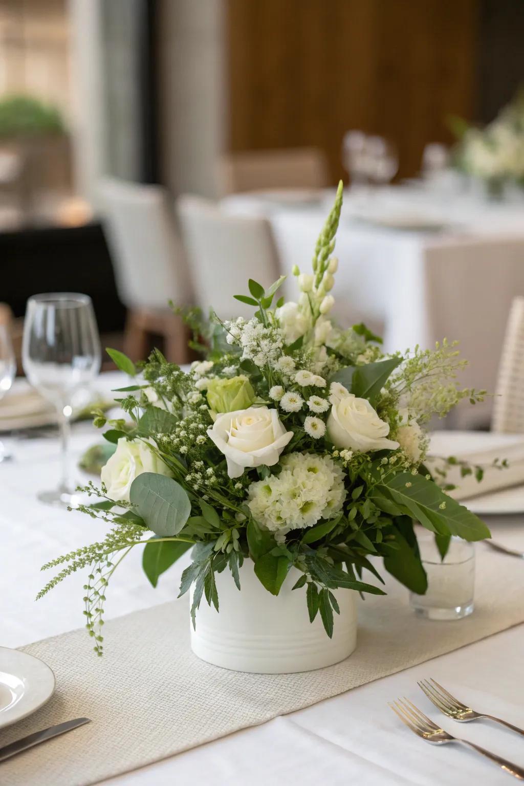 An understated centerpiece with white and green flowers.