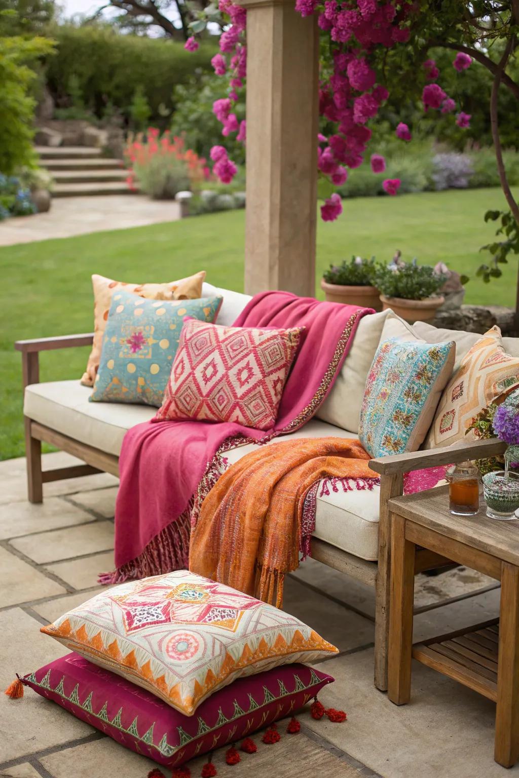 Colorful textiles bringing vibrancy to the patio.