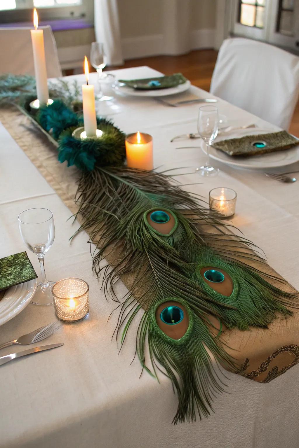 An inviting centerpiece with a path of feathers and candlelight.