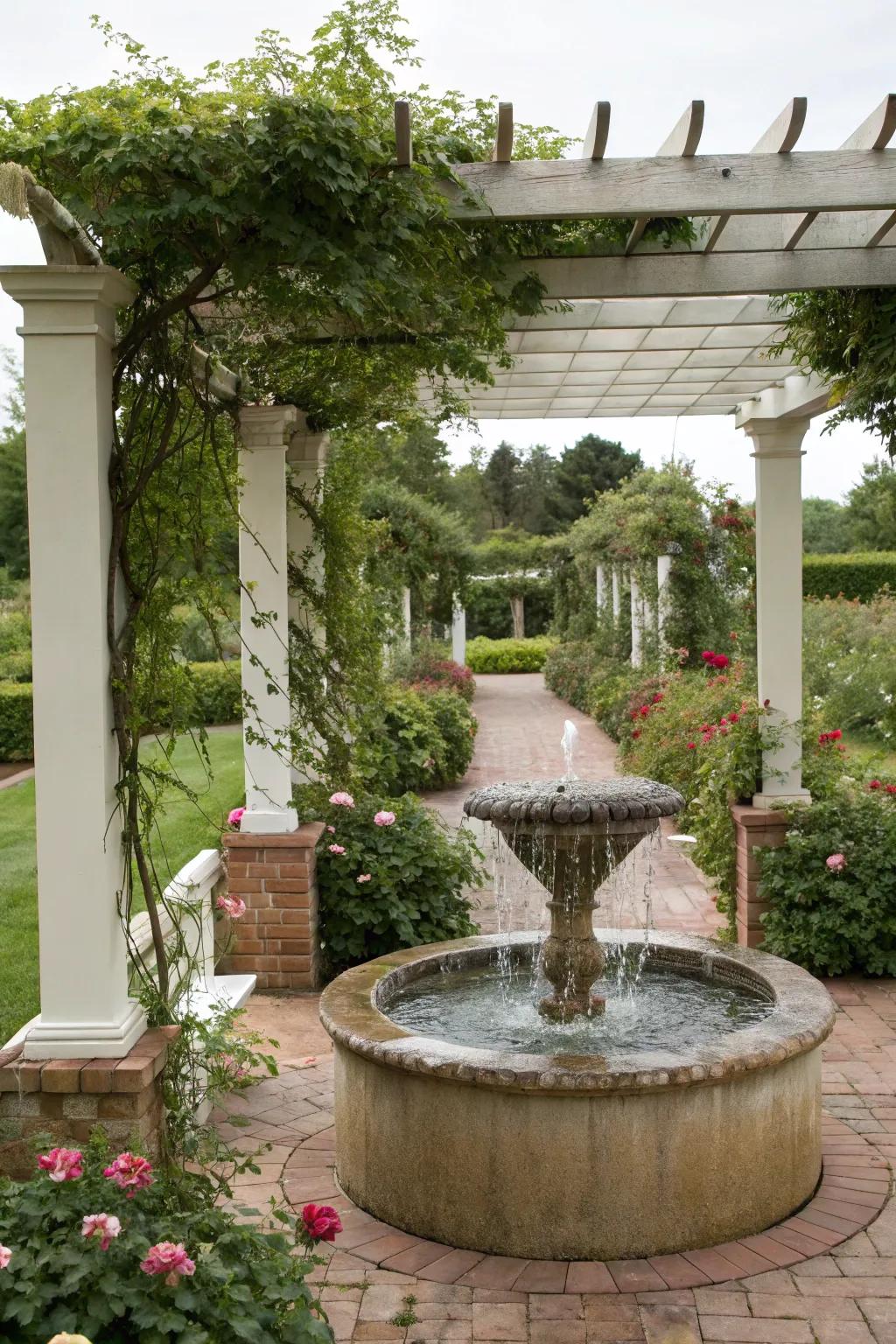 A water feature adds tranquility to your pergola with its gentle sounds.