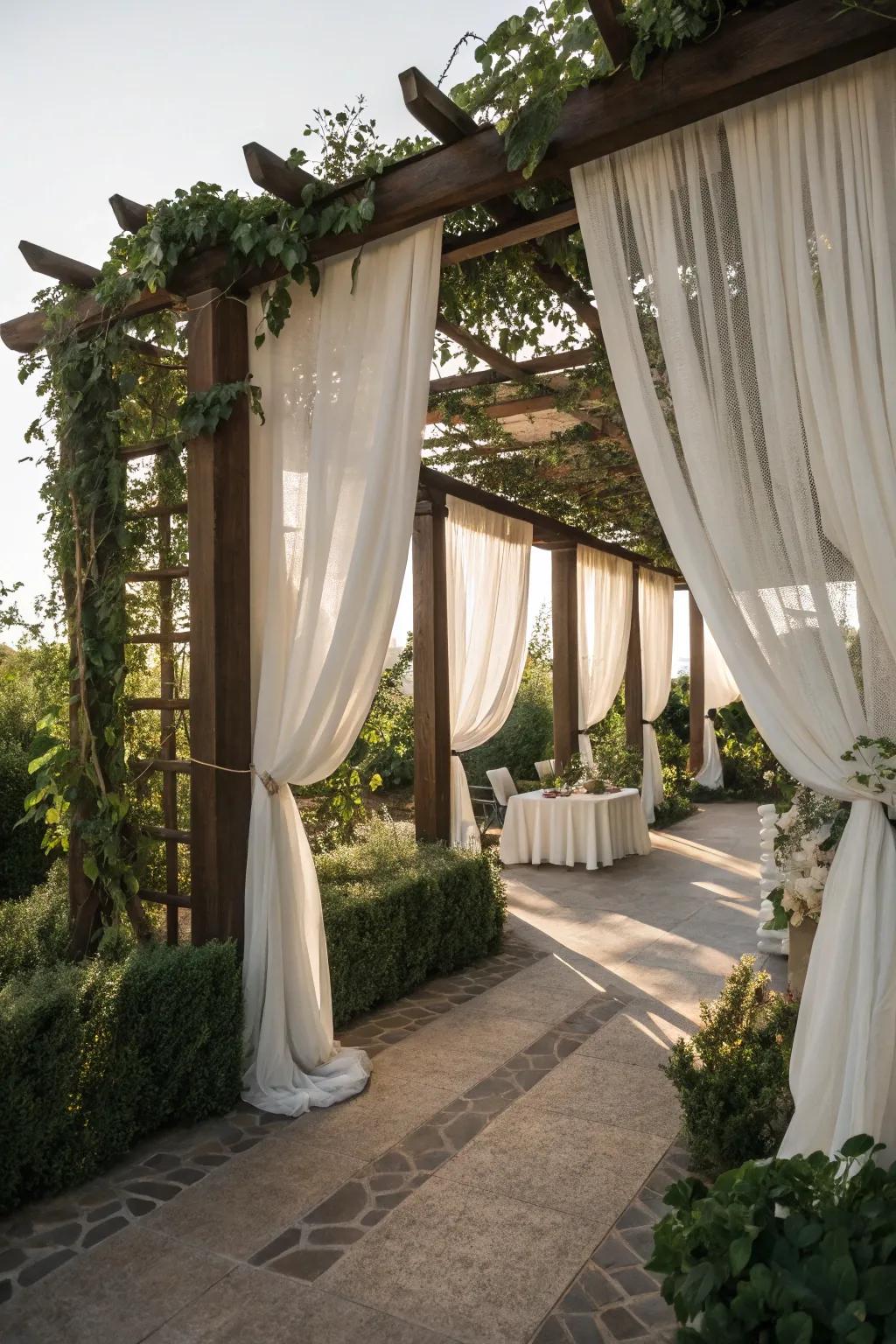 Draped curtains add privacy and elegance to your pergola.