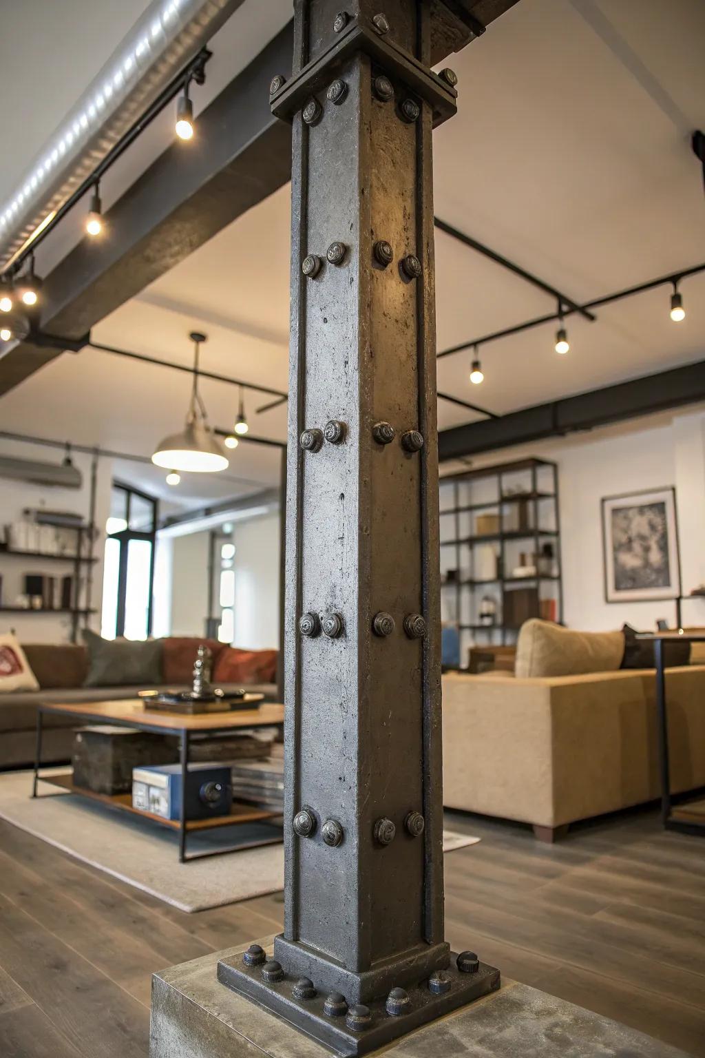 Exposed metal elements add an industrial touch to pillars.