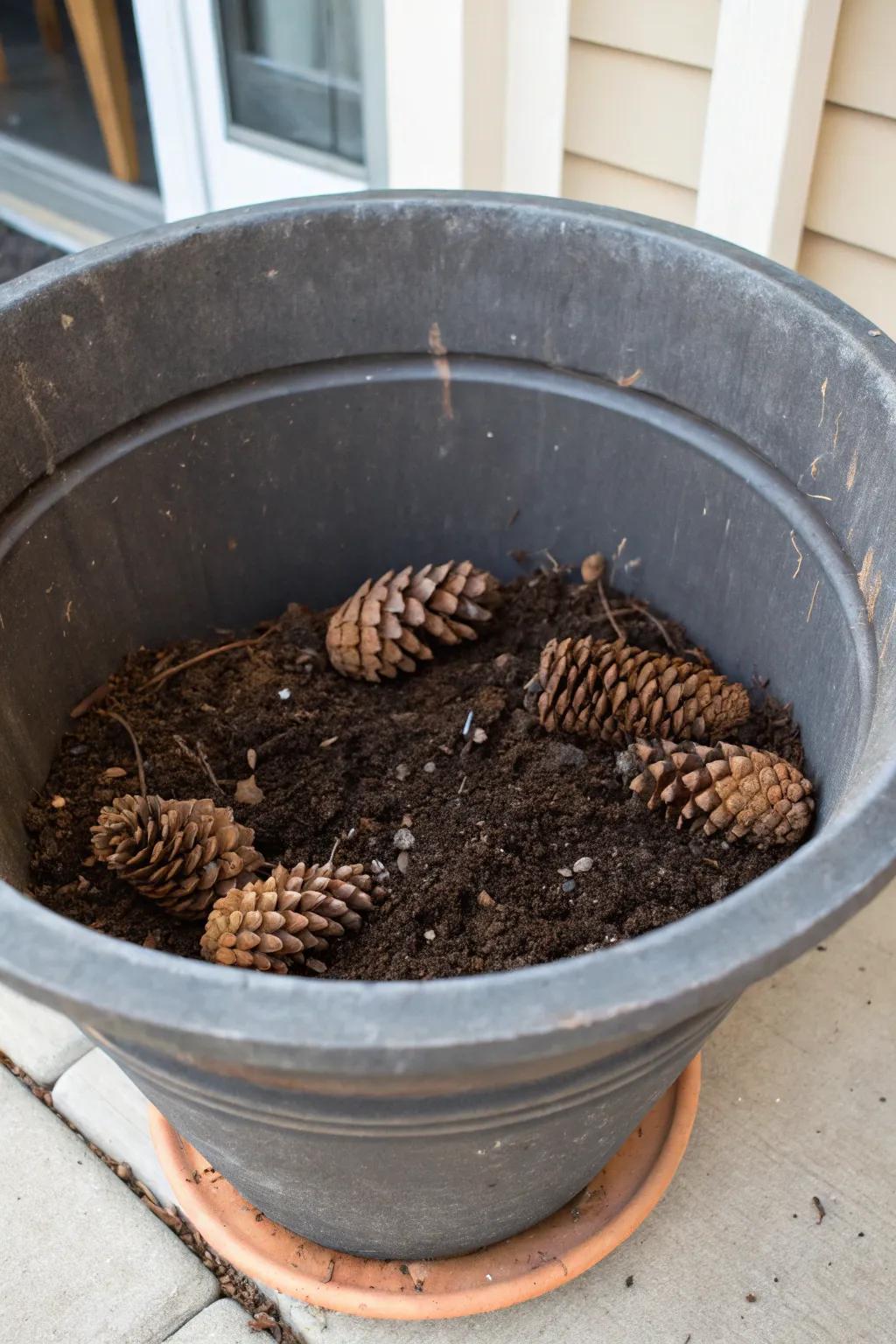 Pinecones improve drainage and texture in planters.