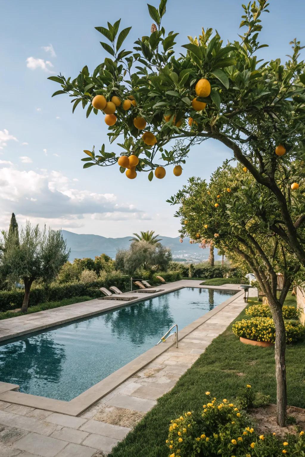 Citrus trees offer beauty and fresh fruit poolside.