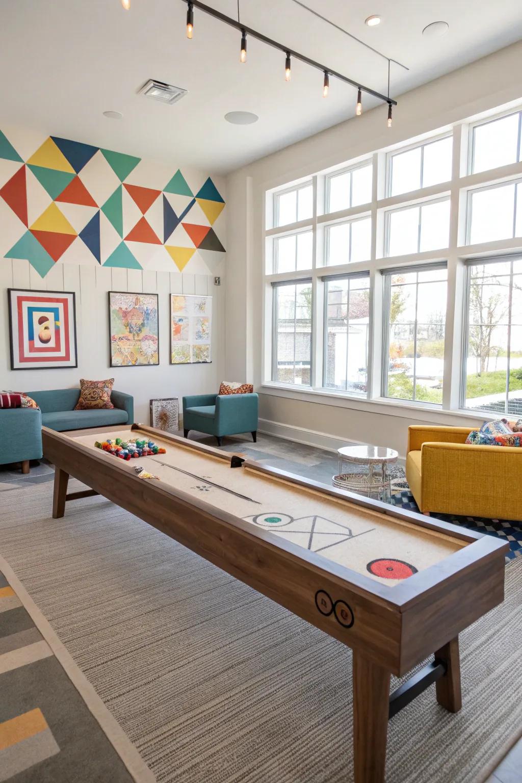 A playroom featuring a stylish shuffleboard table.