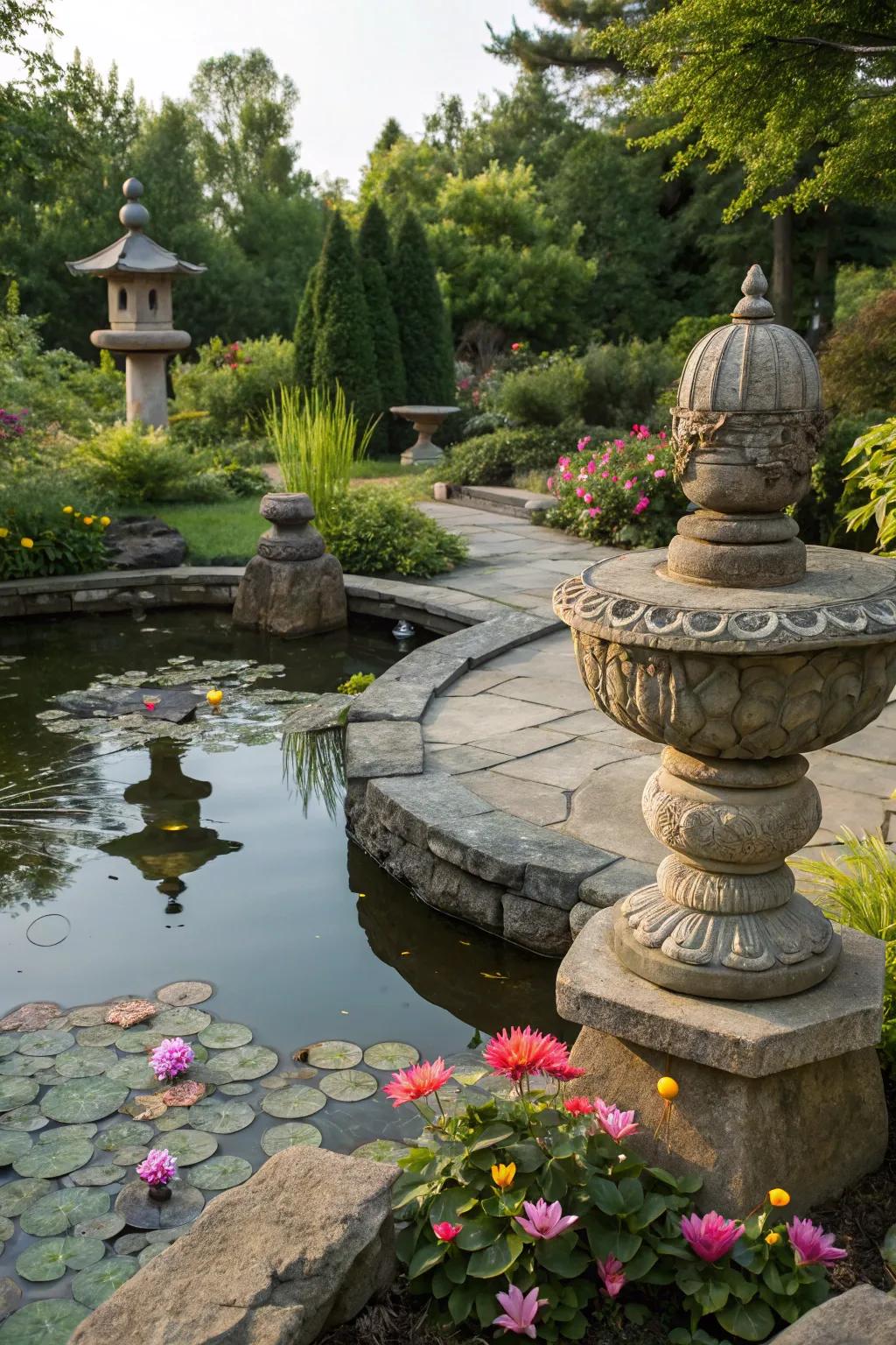 A decorative pond adorned with stone sculptures and ornaments.