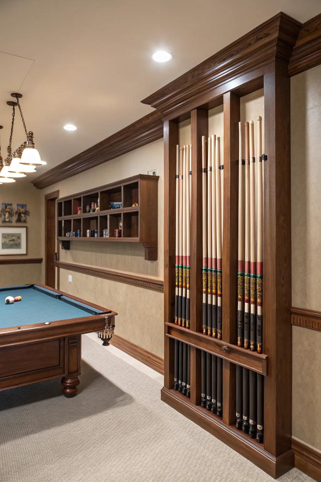 Efficient storage solutions keep your pool table room tidy and functional.