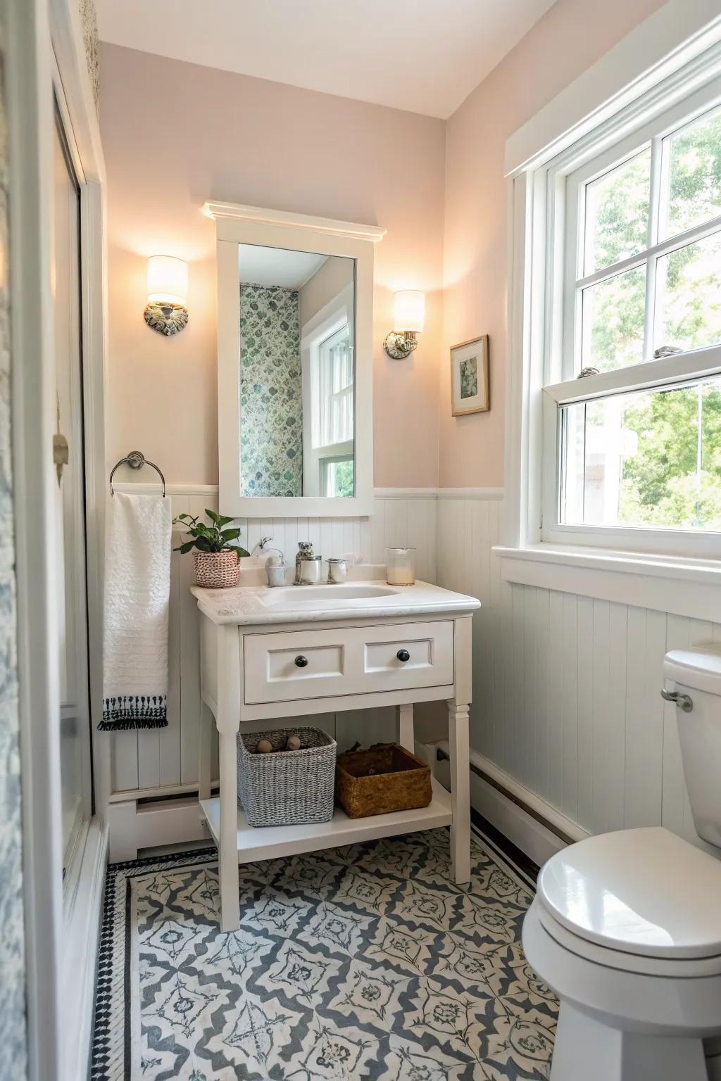 A powder room bathed in natural light, enhancing its openness.