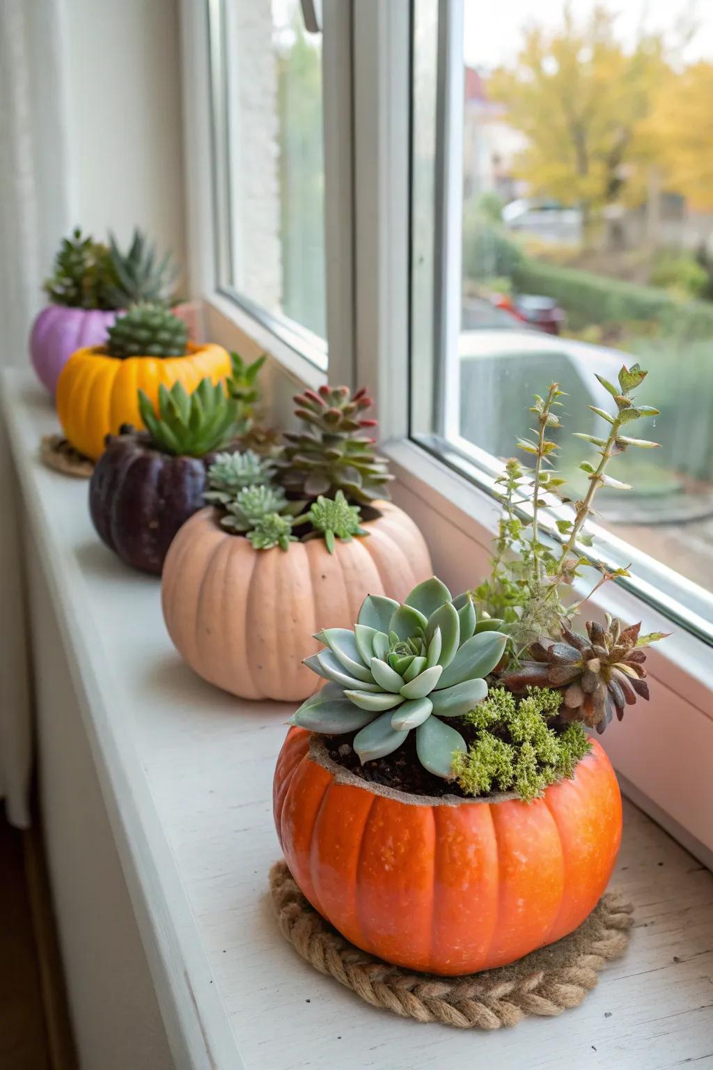 Pumpkins repurposed as adorable planters.