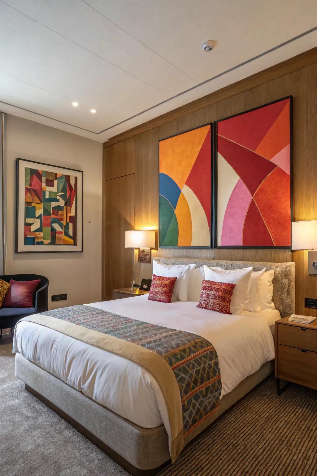 Striking abstract art making a statement in the bedroom.