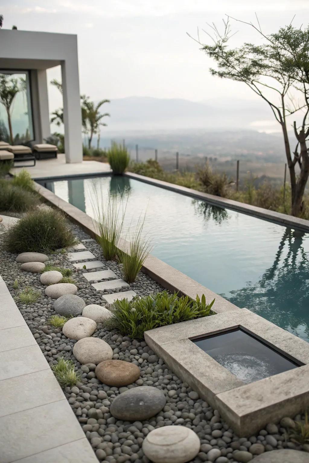 A Zen-inspired design offers a tranquil poolside escape.