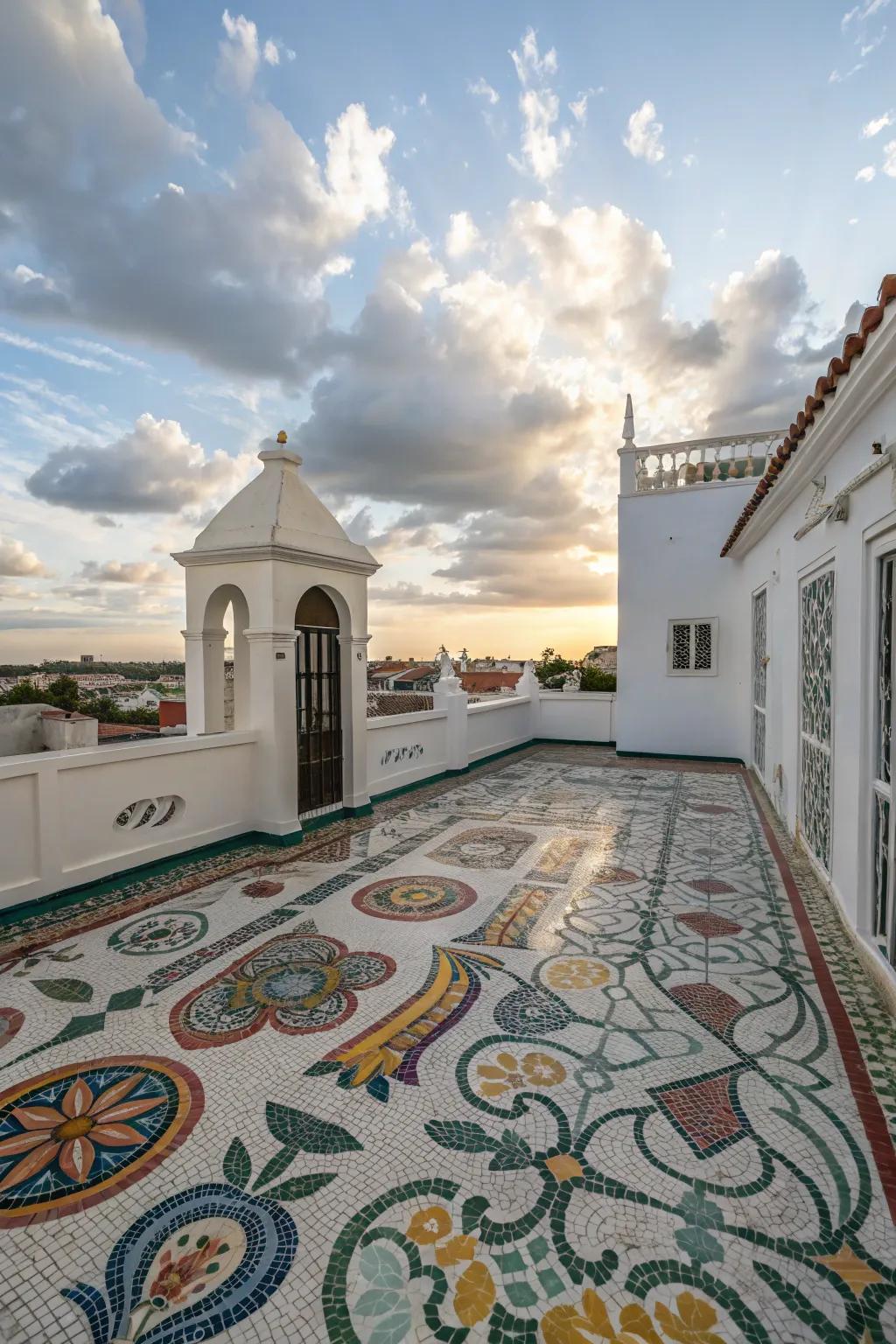 Artistic flair with a colorful mosaic floor.