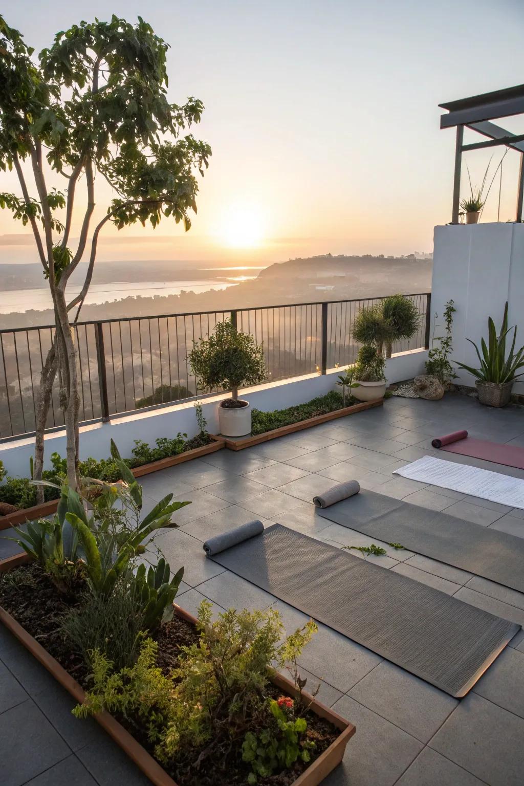 A rooftop yoga space offers peace and stunning views.