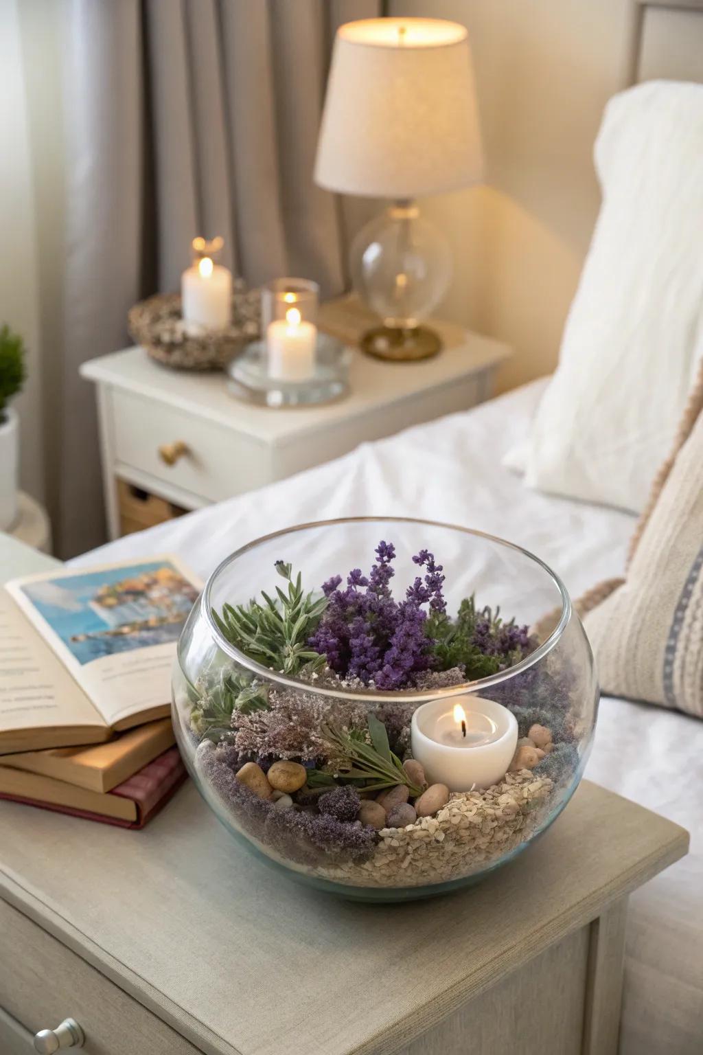 Dried lavender in a glass bowl offers a fragrant and calming presence.