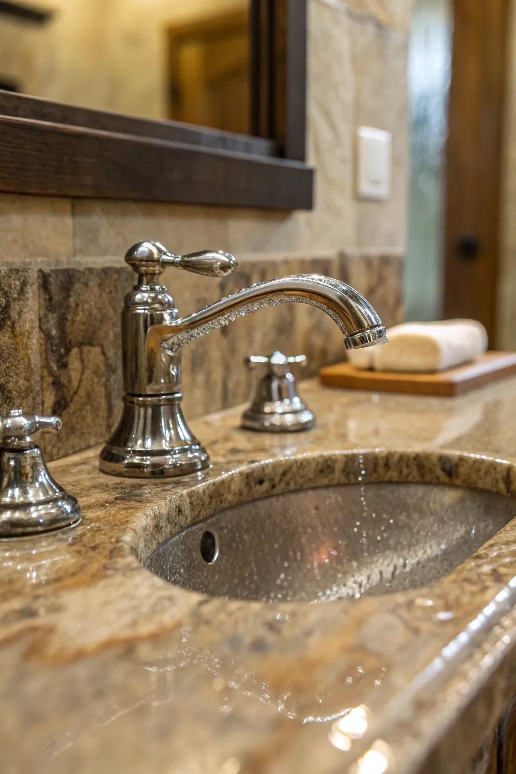 Stone countertops enhance the earthy feel of rustic bathrooms.