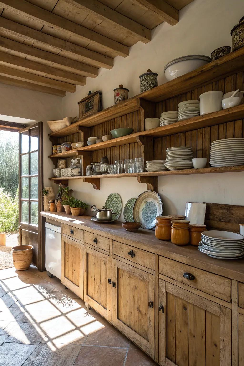 A kitchen featuring open shelving with rustic charm.