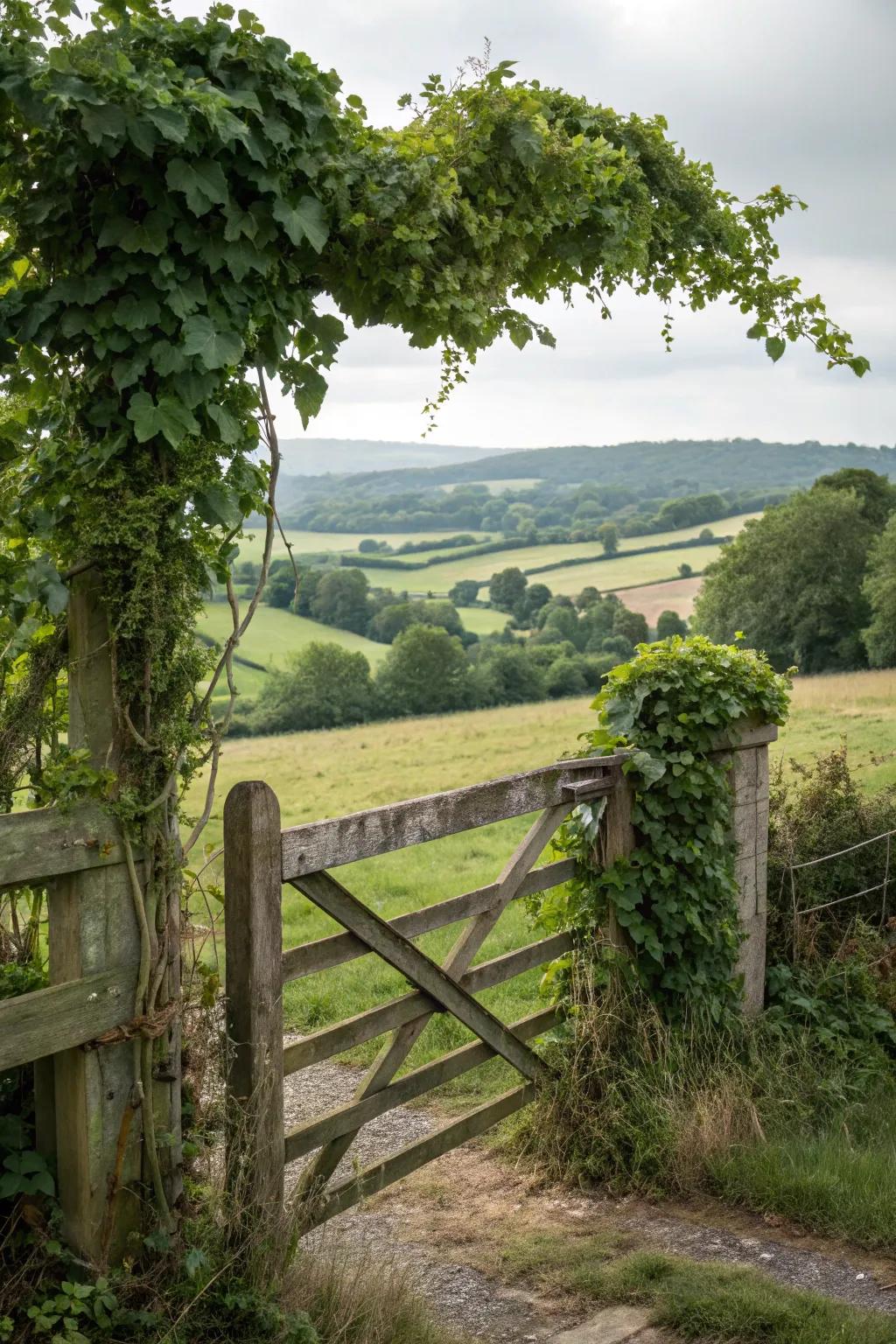 A charming gate adorned with climbing vines.