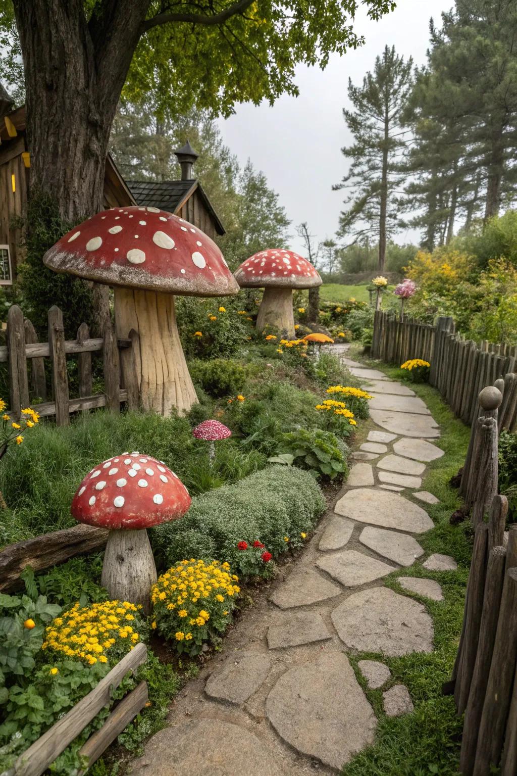 Mushroom decor adding whimsy to the garden.