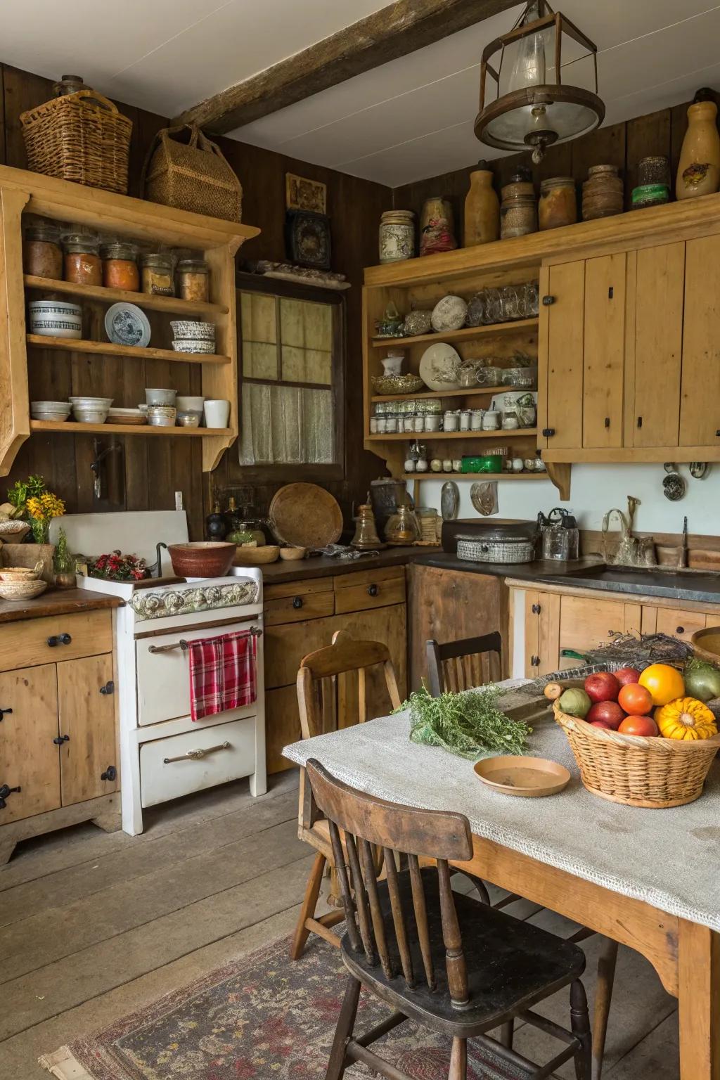 Flea market finds add homey warmth and charm to rustic kitchens.