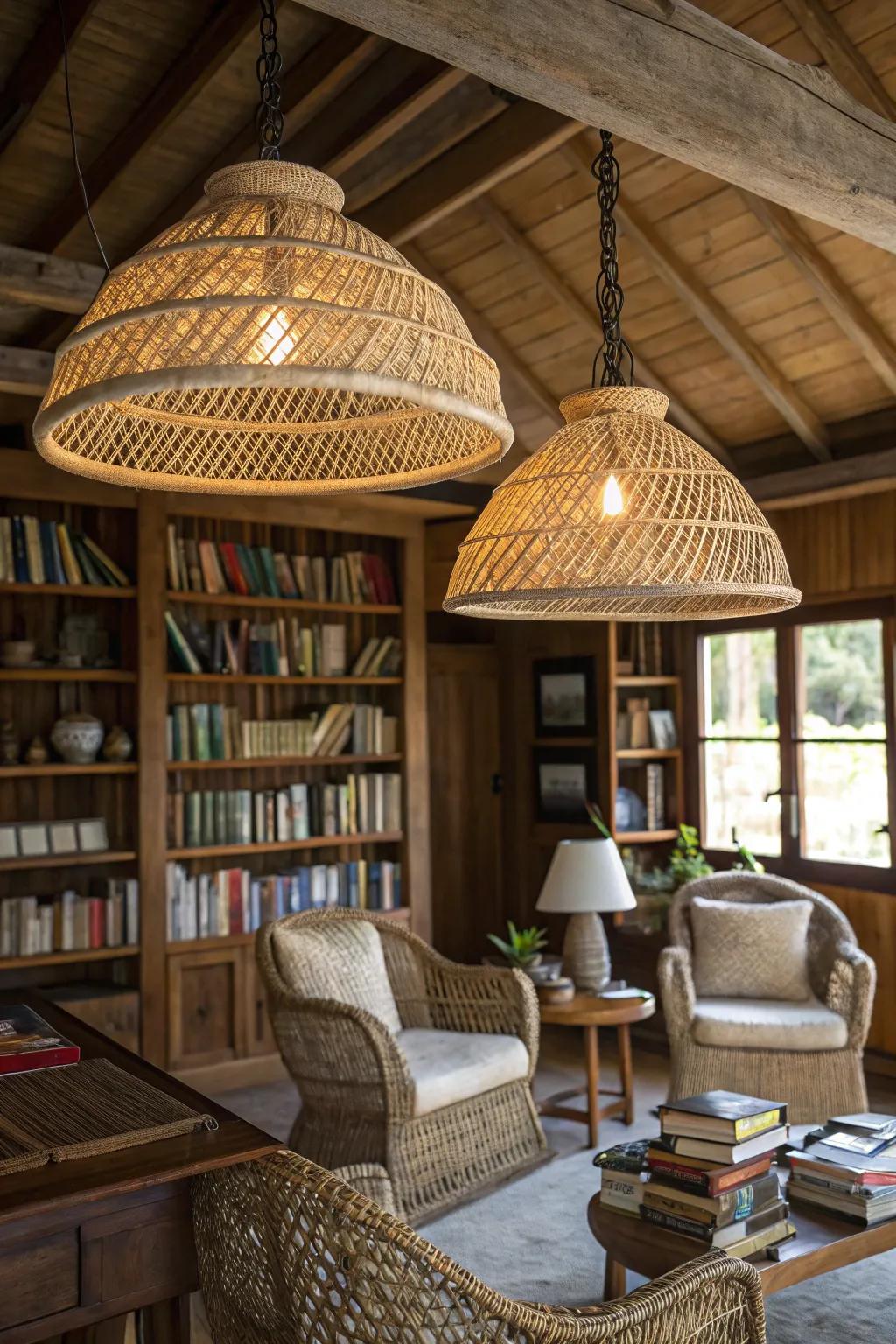 Natural fiber shades create a soft, inviting glow in this study.