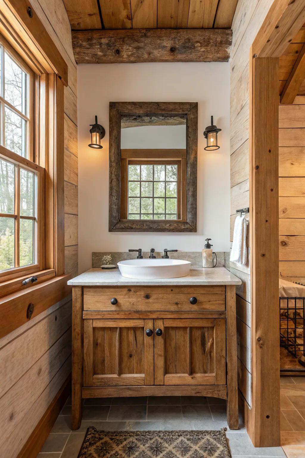 A window frame mirror adds a unique rustic touch.