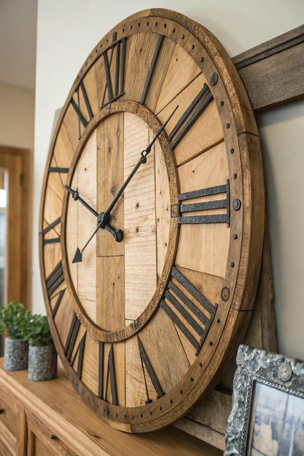 A rustic wall clock with reclaimed wood elements adds charm and practicality.