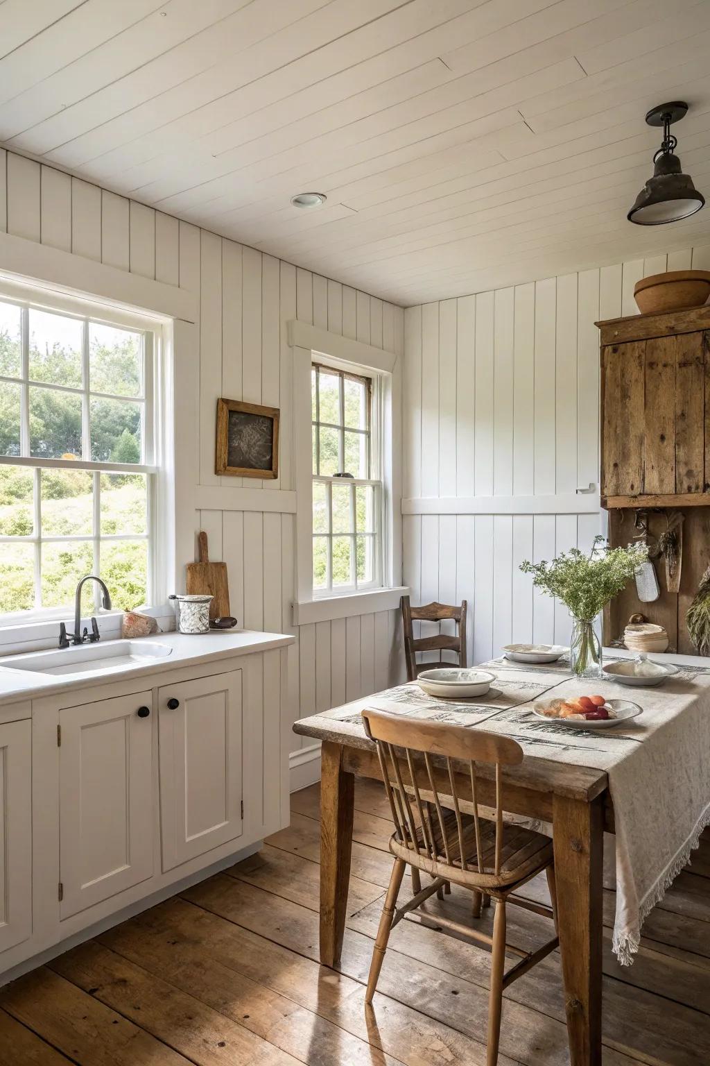 Whitewashed wood wainscoting delivers a bright and airy farmhouse style.