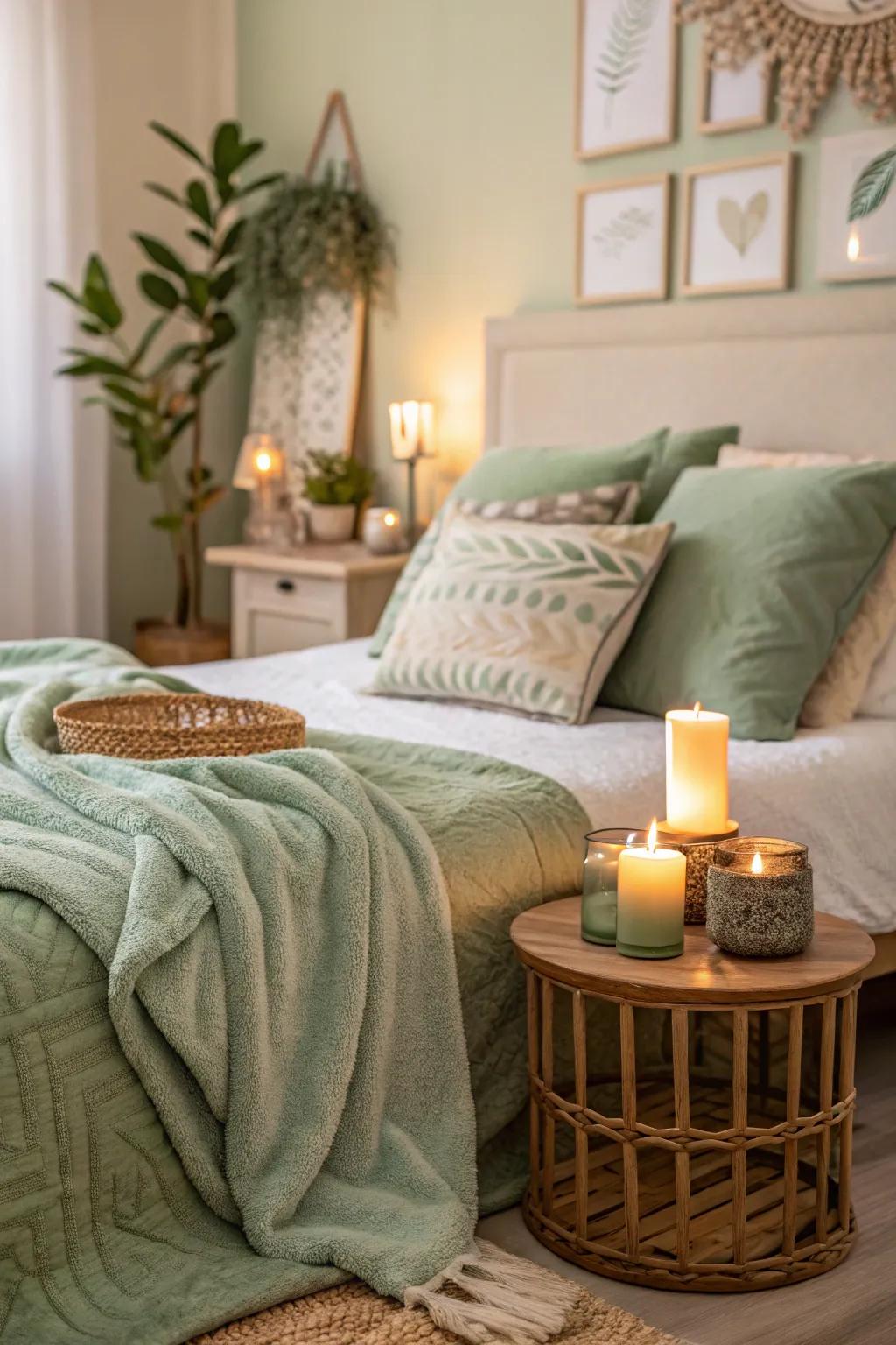 Soft lighting with sage green hues enhances the calming ambiance of your bedroom.