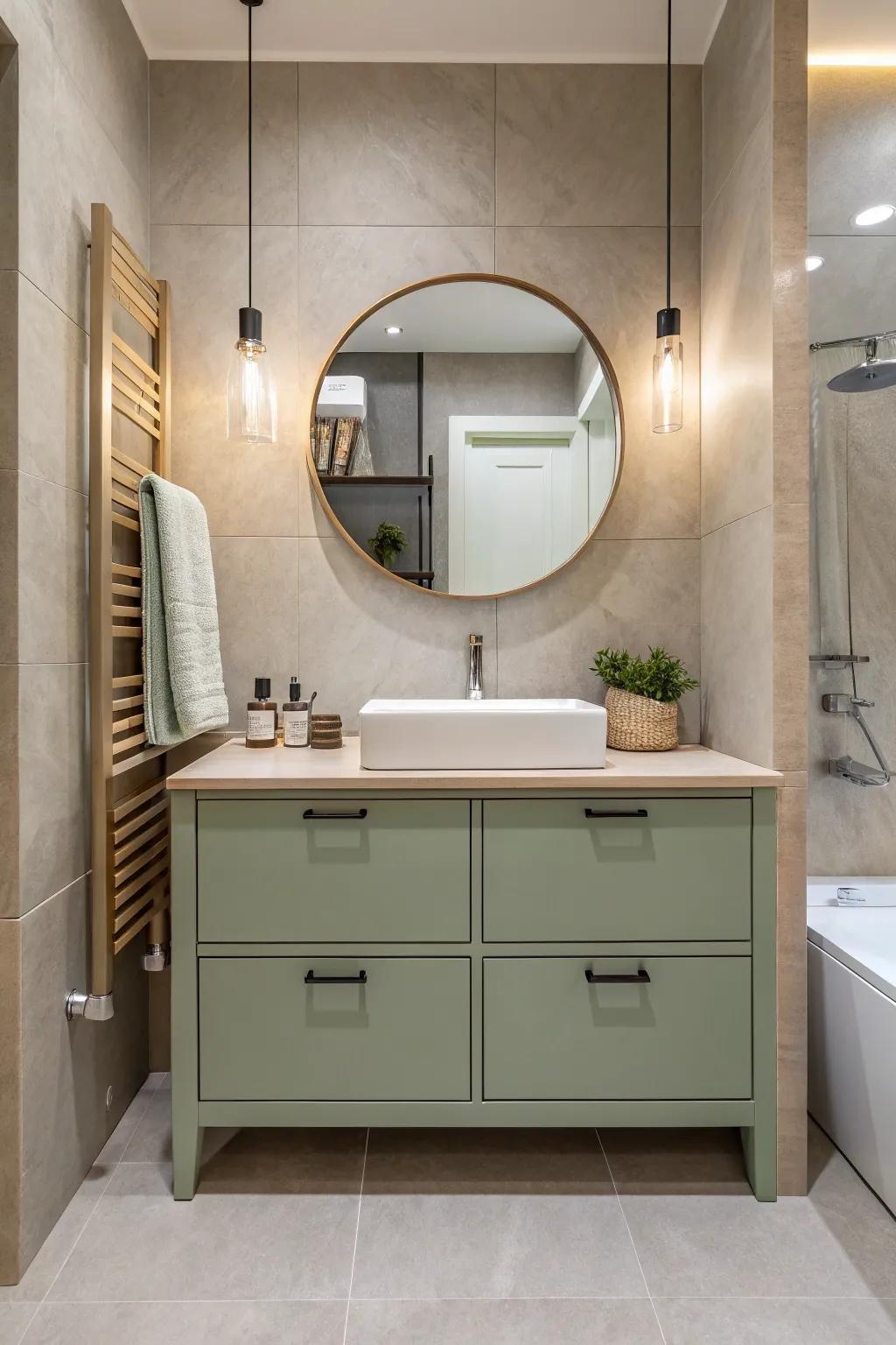 A modern bathroom featuring a floating sage green vanity that maximizes space.