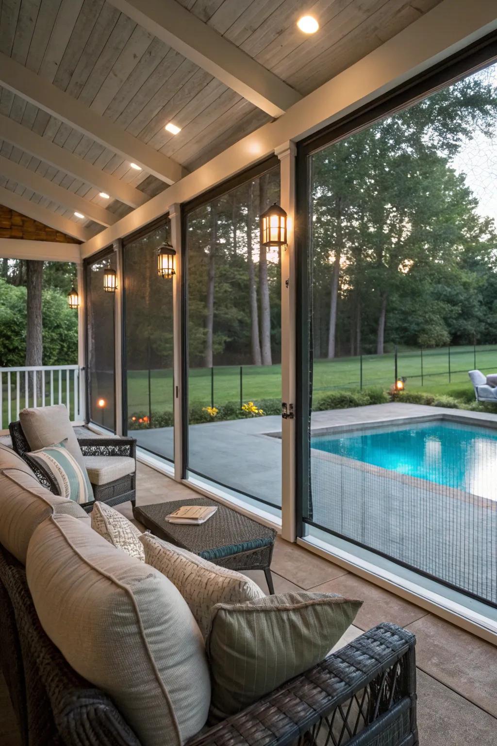 A poolside porch offers shade and relaxation after a swim.