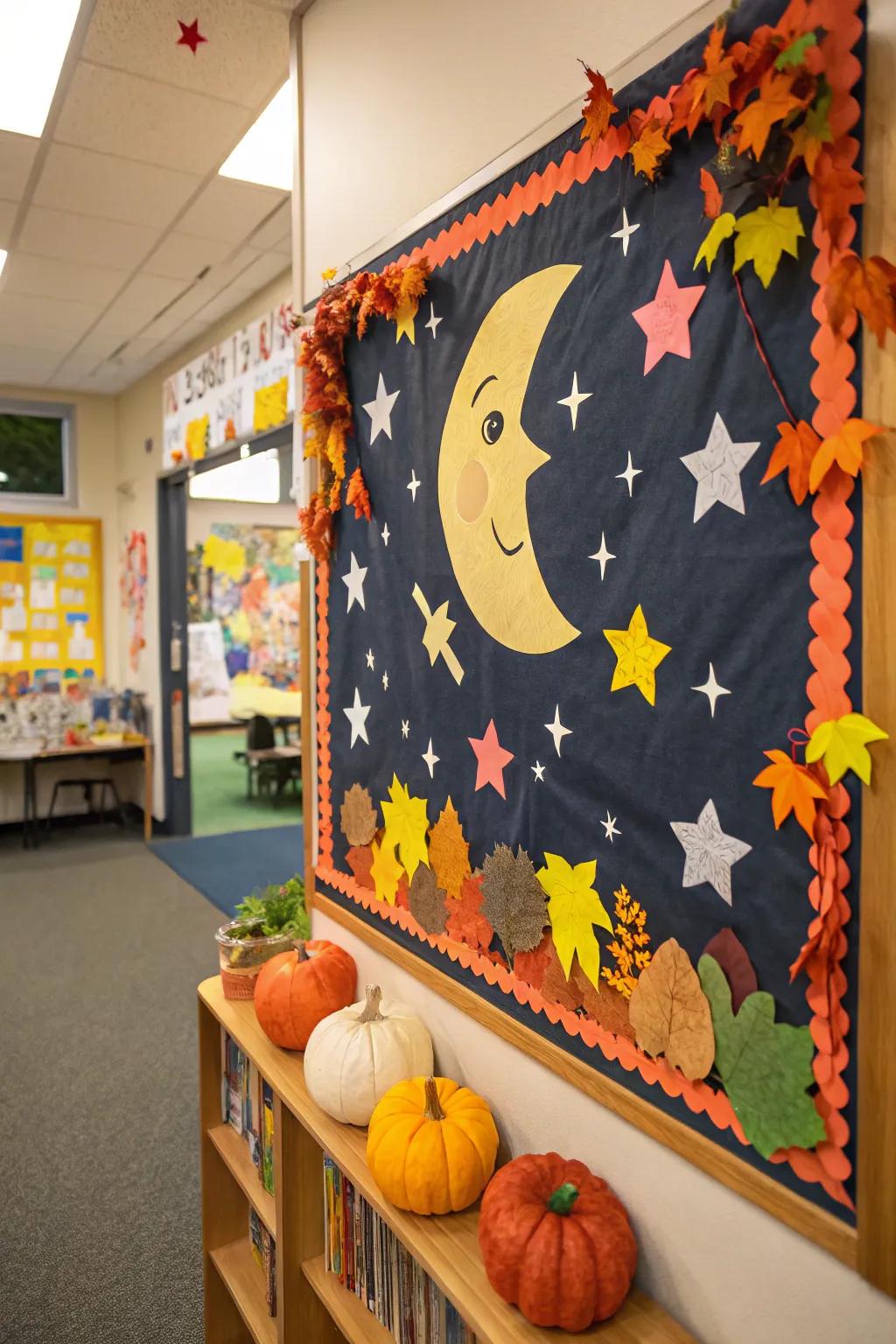 A harvest moon-themed bulletin board with celestial elements.