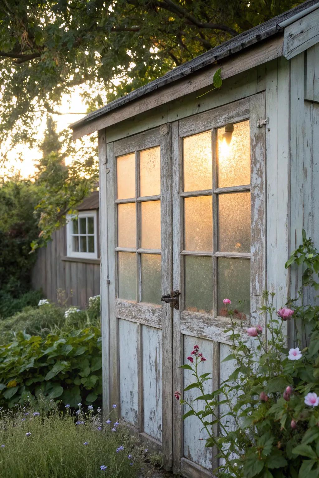 Frosted windows provide privacy while allowing light into the shed.