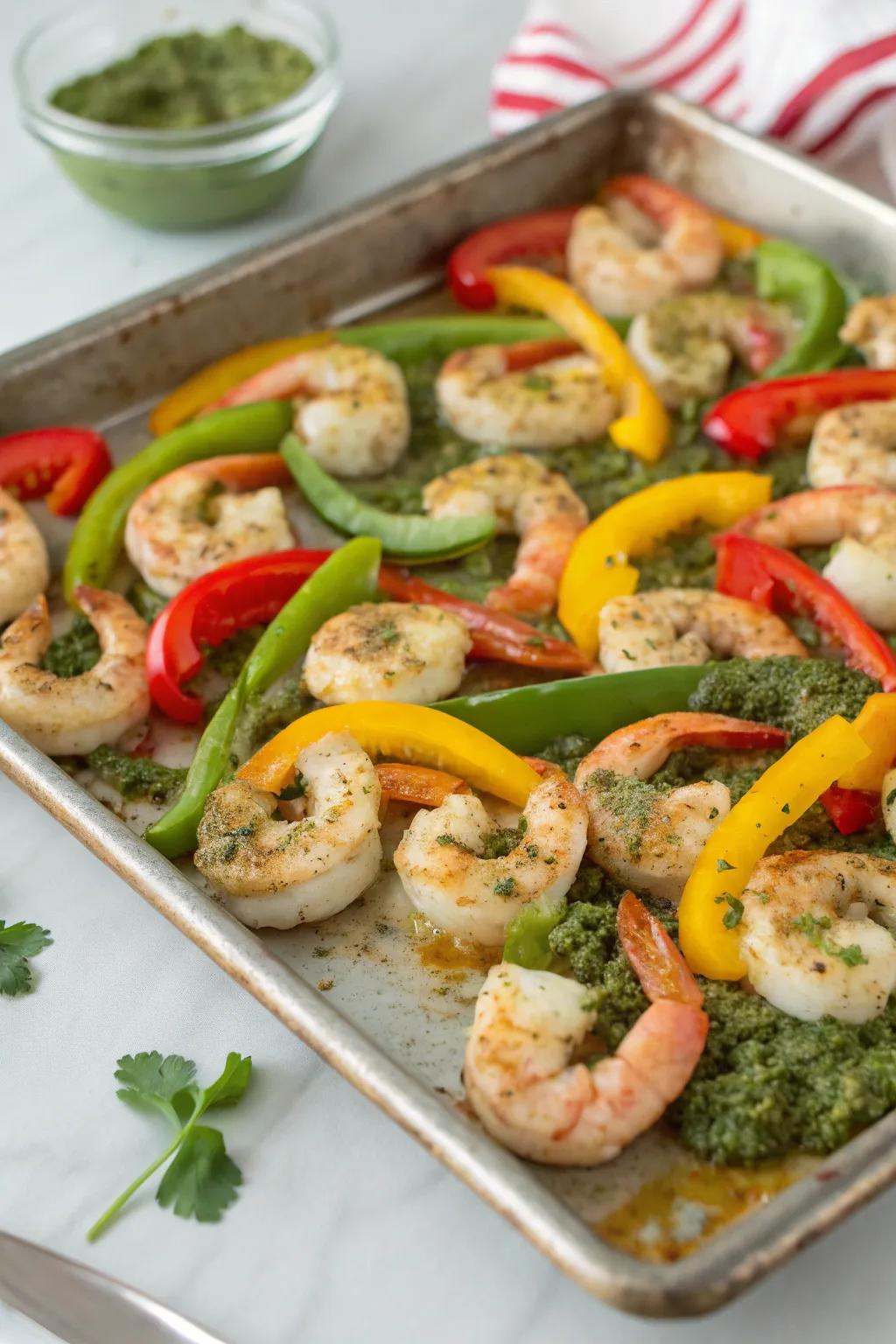 Pesto shrimp with bell peppers, a quick and tasty meal.