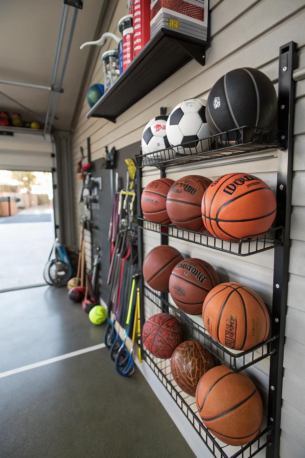 A slatwall ball rack organizes sports balls and reduces garage clutter.