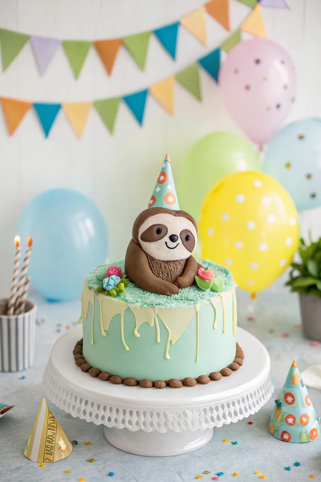 Party hats bring a festive flair to the sloth cake.