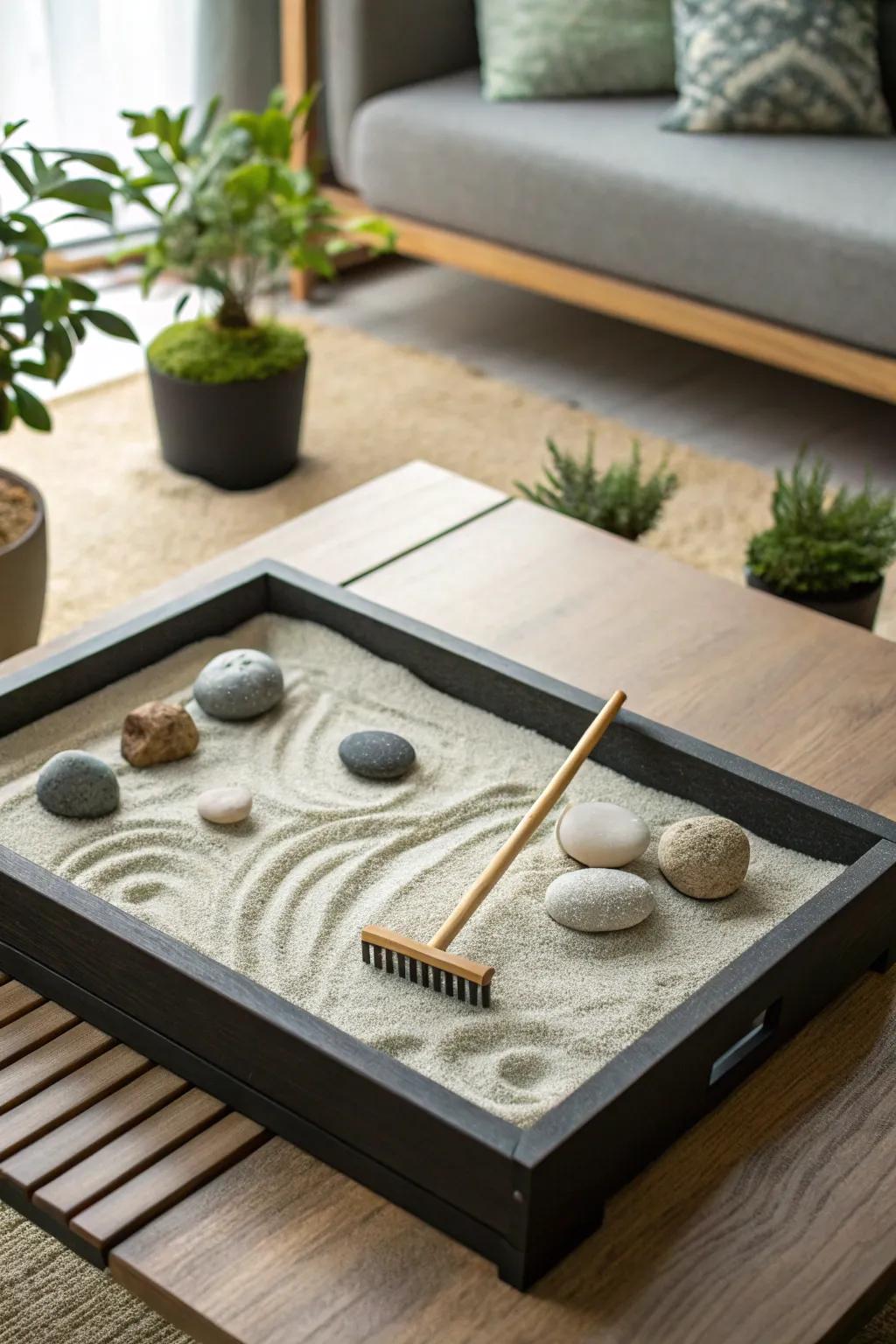 A zen garden centerpiece brings peace and tranquility to your space.
