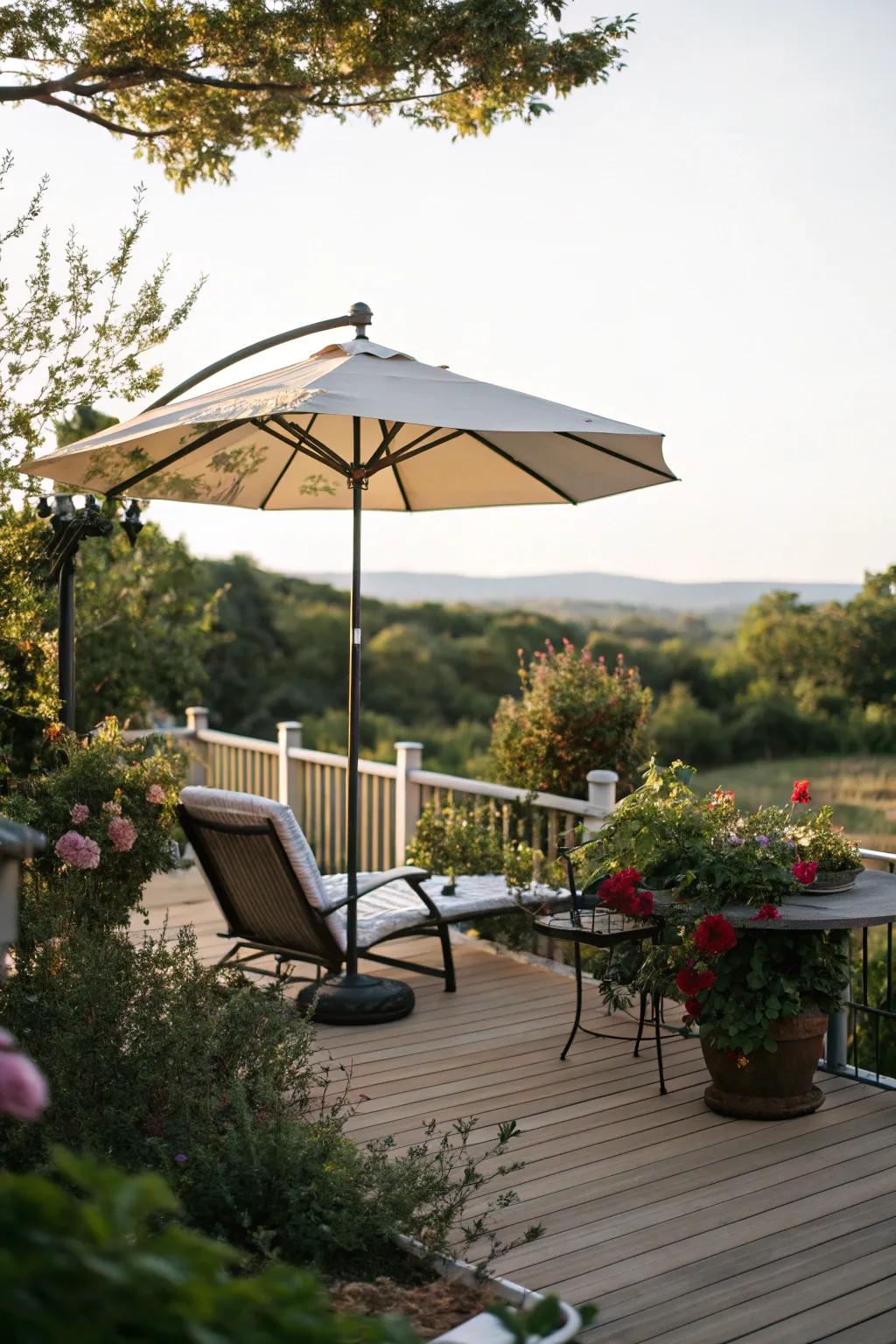 An umbrella offering flexible shade on a small deck.