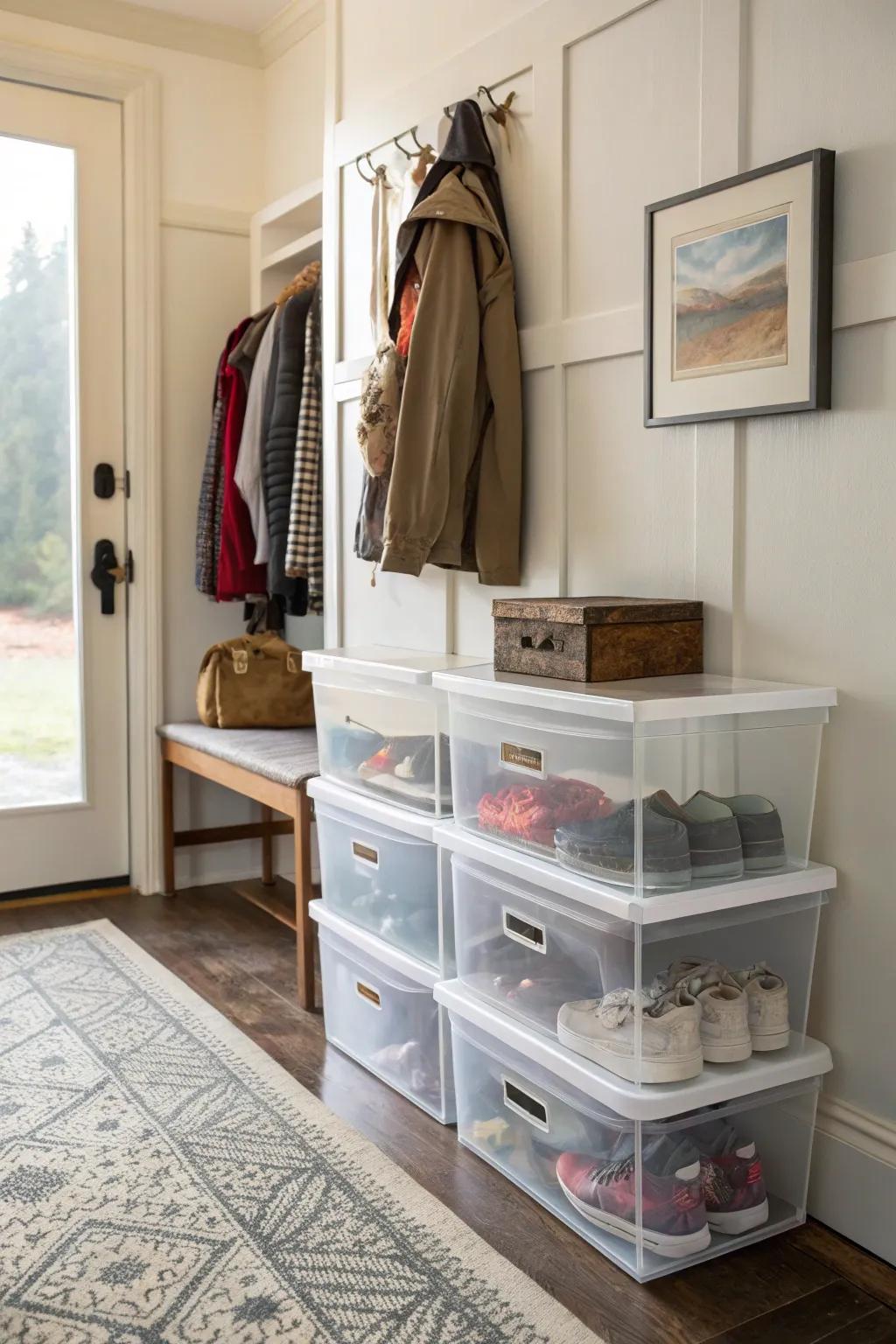 Clear boxes keep shoes dust-free and easy to find.