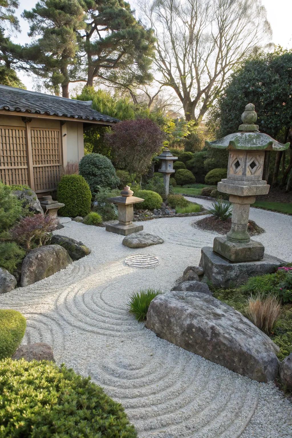 Gravel pathways adding texture and defining spaces.